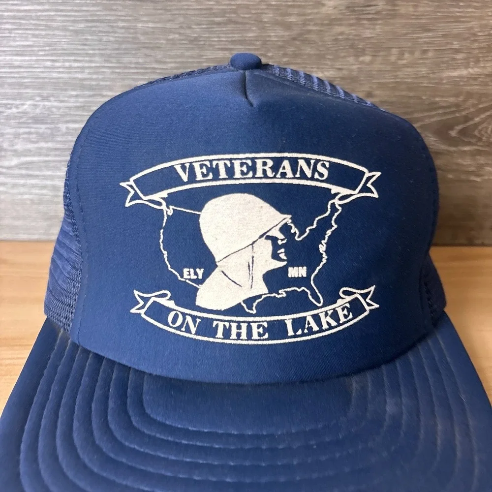 Vintage Veterans On The Lake Hat Cap Snap Back Blue Mesh Trucker Ely Minnesota